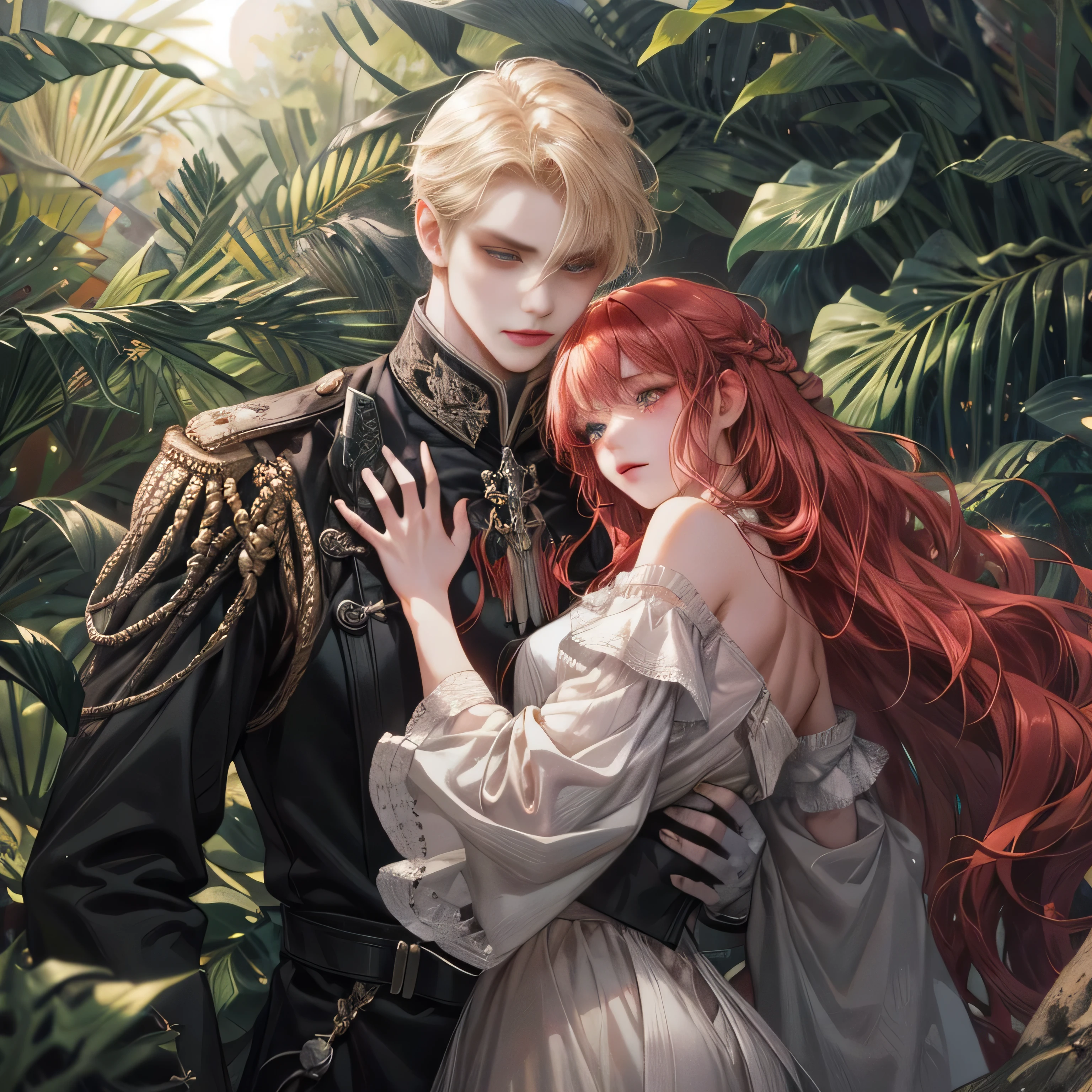 Create a highly detailed and romantic illustration featuring two characters in an intimate moment set in a lush, sun-drenched forest. The male character should have an air of authority and strength, dressed in a formal dark black war uniform. He is tall, with slicked-back blond hair, and a serious, protective expression. He gently supports the female character, who is draped in an elegant, white dress with fringe sleeves. She has long, wavy red hair and an ethereal, almost ethereal appearance, with a soft, captivated expression as she gazes at him. The lighting in the scene should be warm and natural, with sunlight filtering through the trees, casting dappled shadows. Around them, the forest is lush and dark, with several swords visible near the bottom of the frame, adding to the romantic, almost magical atmosphere. The overall mood should evoke a sense of deep connection and emotional intensity. symphonic.dramatic ,night view background. urban. Super beautiful. high resolution. high quality. High resolution. digital art.urban. Super beautiful. high resolution. high quality. High resolution. digital art.