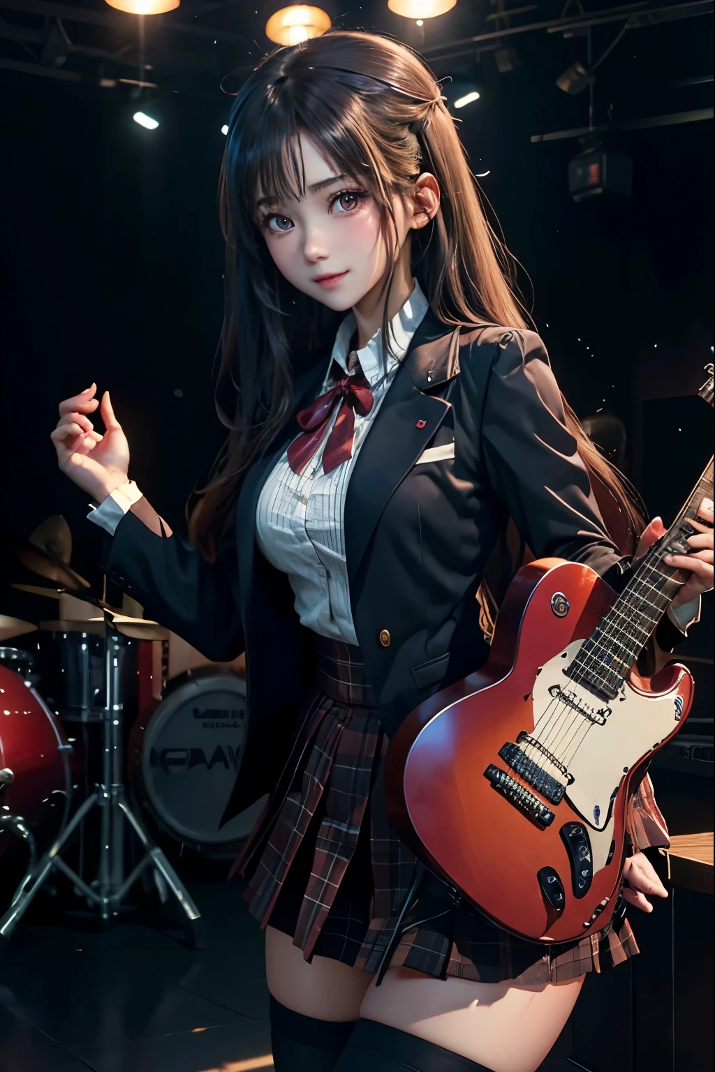 High school girl blazer、uniform、Red checked knee-length skirt、Long skirt、JK Style、Jacket、smile、Knee-high socks、Thigh-high socks、pantyhose、Extremely beautiful、Super cute、ennui、Rare Beauty、Dark black eyeshadow、sad、Skin radiance、Long Hair Straight Hair、Dark Gothic Makeup、Dark Smile、Fragrant beauty、Stained glass background、masterpiece、Highest quality、See 5 books、Sweat glistening on my chest、Sweat glistening on the face、Small breasts、2、Slightly slim、Mysterious look、Sad look、Mysterious Gothic Church、enchanting castle、Excessive sweating all over the body、Thighsに大量の汗と光、光沢のあるThighs、Thighs、Thighsに大量の汗が光る、sweat profusely、Gal、Small breasts、Japanese face、Captivating look、細いThighs、play the guitar、I have a guitar、Enthusiastic singing、バンドでplay the guitar、Playing guitar chords、Background of the live music venue、Sing a song、Open your mouth、Scenery of a live music venue、Mike stand、Glamorous live stage、Dynamic Angles、Vivid straight long hair、delicate straight hair、