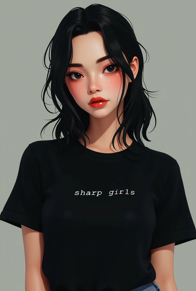 Female avatar photo, with black hair, slickedback hair, medium hair, freckles on the face, plain black sleeve t-shirt, and the name SHARP GIRLS in small on the side of the shirt on the chest