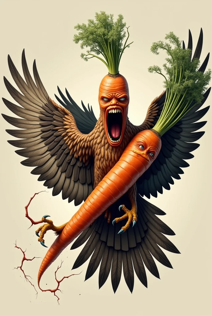 Carrot murdering a hawk, screaming, hyper realism, logo