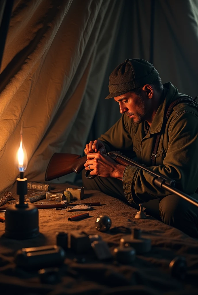 soldier, bolt action rifle, cleaning, maintenance, tent interior, single oil lamp light