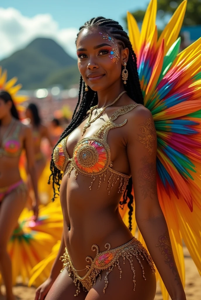 Magnificent detail, 8K Photos, hyper- realism, realistic background, visual depth, wide angle lens, professional light. A beautiful Brazilian mulatto, 23 year old, braided hair, samba school dancer, dancing samba, parading samba in Sapucaí RJ. she is extremely hot, defined abdomen, thick muscular legs. His body is completely painted, body painting full body. Lots of glitter. Tiny fantasy, sex cover style, only the intimate parties. beautiful ass. breasts big, soft, Swinging. big-ass, seamless, Swinging. thick muscular legs. smirk on face. cheerfulness. Rio Carnival. The scene is a parade of a samba school in Rio de Janeiro..