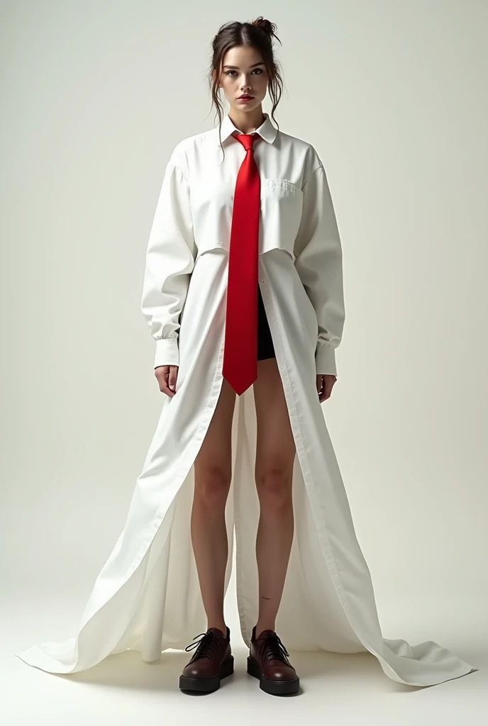 A woman wearing a long, floor-length, off-the-shoulder white button-down shirt with a long, floor-length red tie, dark brown sneakers, and her hair tied in a messy ponytail 