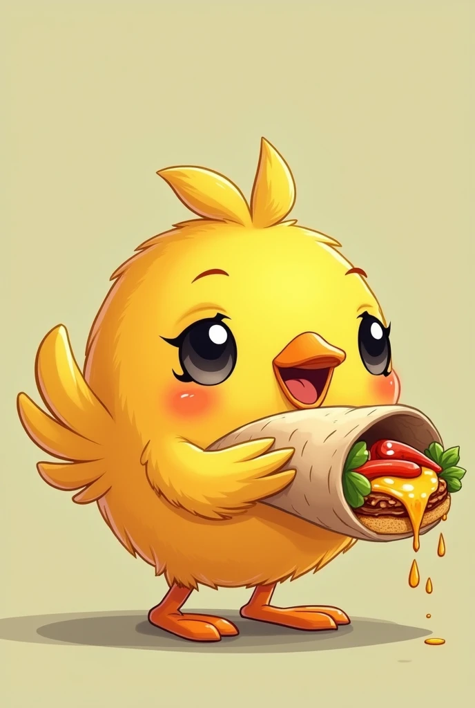 Create a cartoon image of a cute yellow bird eating a burrito