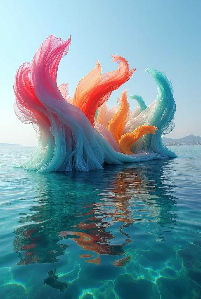 Land art in the sea with fabrics
