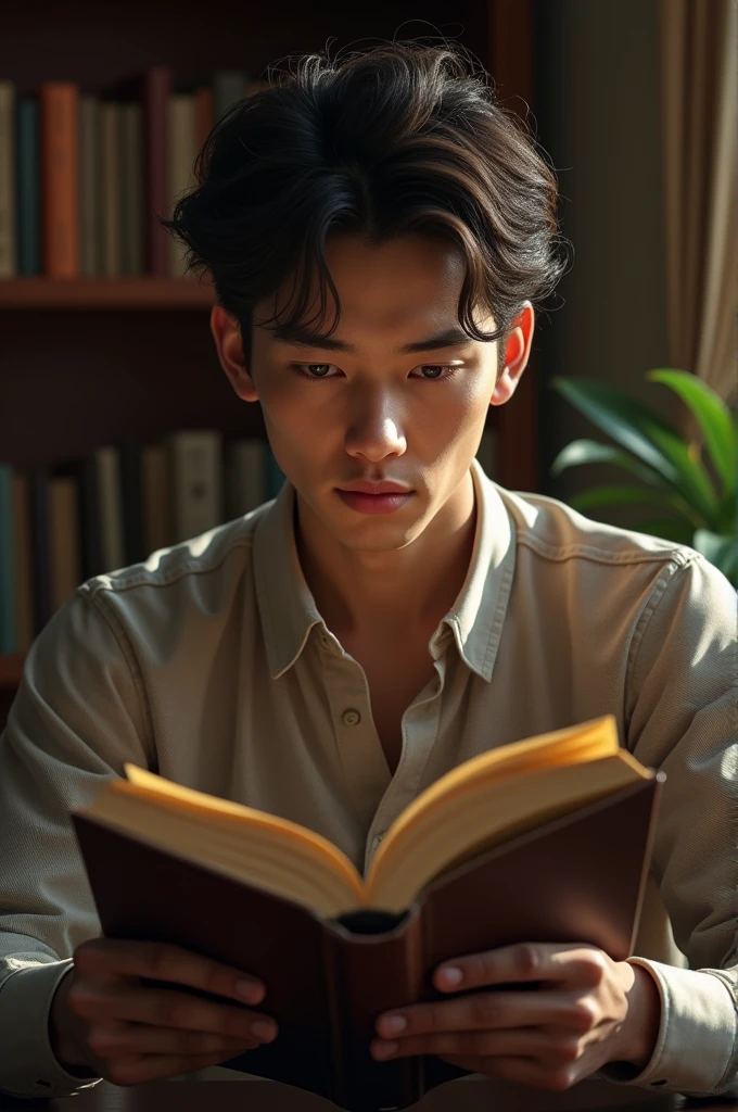Create a young man reading a book
