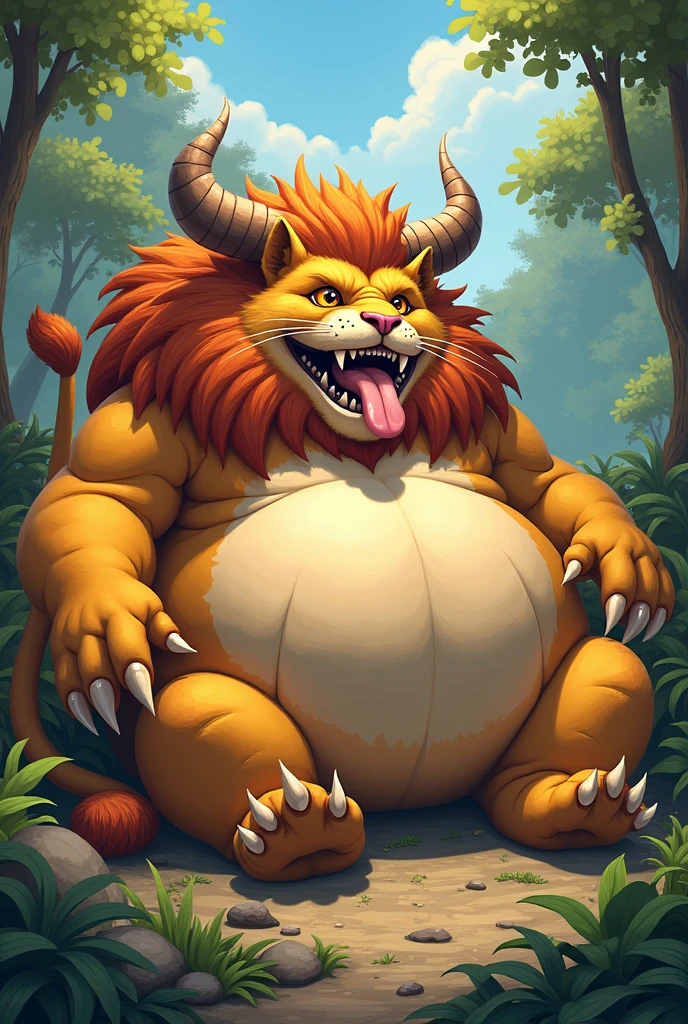 red and orange lion、Creature、monster、lying down、Golden eyes、big eyes anime style、Very small face、Fat face、big wings、Large fangs、thick twisted corners、thick neck、thick neck、sharp dark blue nails、Thick and short thighs、Very short legs、Animal Paws、thick legs、huge body、belly like a huge ball、extreme obesity、very thick fat、belly is bigger than body、the stomach is lying on the ground、the stomach is straightened horizontally、large and sharp scales、detailed scale、wildlife background、belch、Chunky tongue、thick and long tail