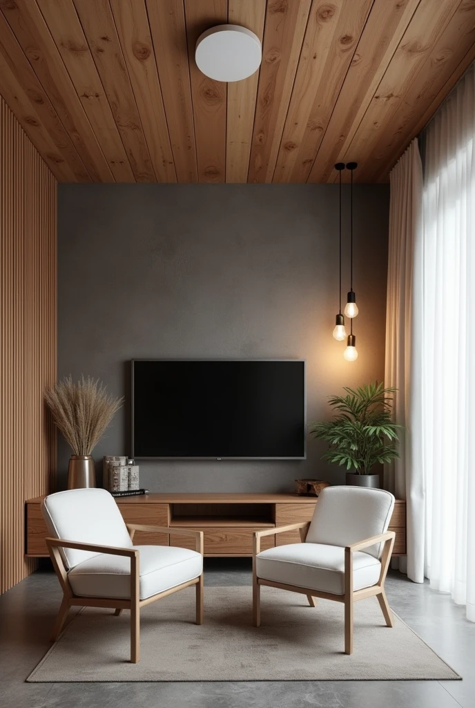 A residential room with a ceiling lined with wood-effect PVC in the color freijó, the gray floor, the wall with dark burnt cement effect, where is a television, on the right side a pendant light with two warm white bulbs, white curtain on the right side, white furniture with vintage style wooden details, with a neutral white ceiling light fixture.
