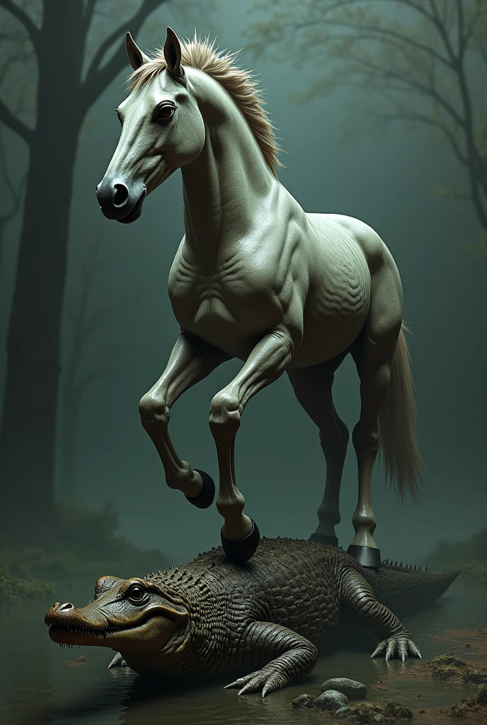 Generate image of a horse with a human head stepping on an alligator