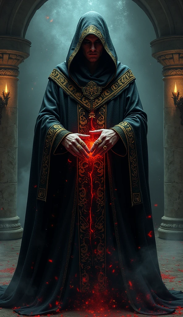 A dark wizard master, with bright and dark colors, PICTURE REALISTIC, proffesional,