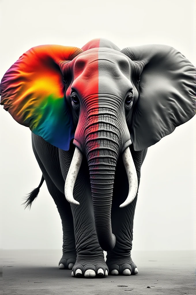 Draw an elephant half with lots of gay color and half black and white