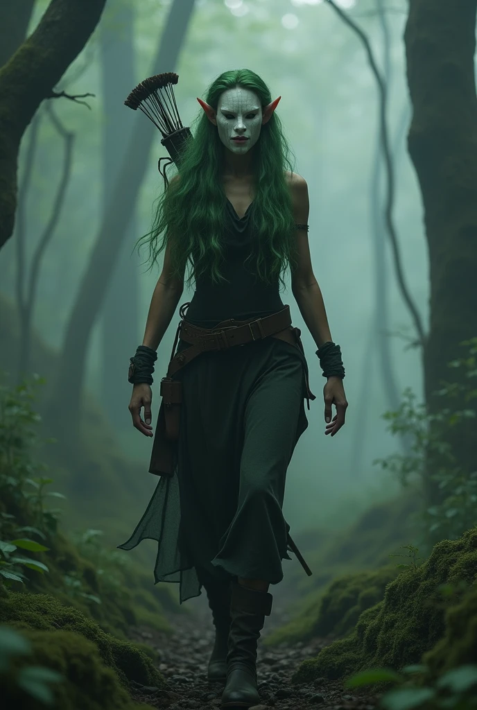 slender elf, with beautiful, wavy, voluminous moss green hair, face covered by a simple, straight white wooden tribal mask, in dark hunter&#39;s clothes, walking through a dark, foggy forest, with a bow on the back