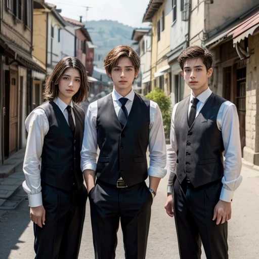 Group of young Jews with light brown hair, in a commercial village, wearing black pants, white dress shirt and closed vest. Focus on character and setting.