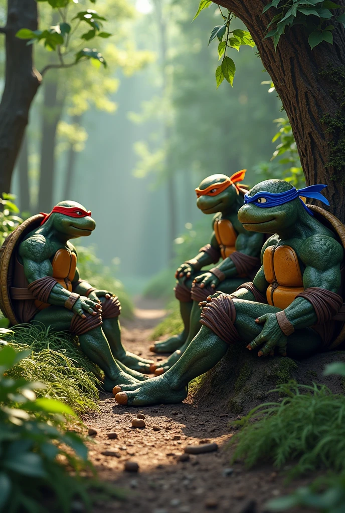 Teenage Mutant Ninja Turtles tired of walking through the forest