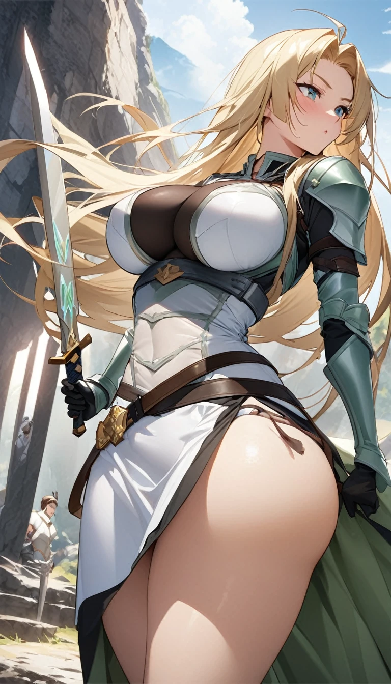 Ultra-high definition image quality、beautiful girl、Female Swordsman、Light Armor、Green Boots、Long Hair、blonde、20-year-old、Be confident々face、Very short tight skirt、Sexy posture、Cowgirl、wilderness、Highest quality,Big Ass、Big Breasts、Thighs、Grasping the hilt of the holy sword Excalibur、pure white, Exquisitely decorated panties、Take a big stride and kick your feet out to jump、Joan of Arc style clothing、Wind King Barrier、Her hair is blowing in the wind、The Sword of Promised Victory、god々I'm wearing a new aura、Big Ass、Valkyrie the War Maiden、Crotch close-up、Angle from directly below、Steam coming out of the crotch、Sweaty crotch