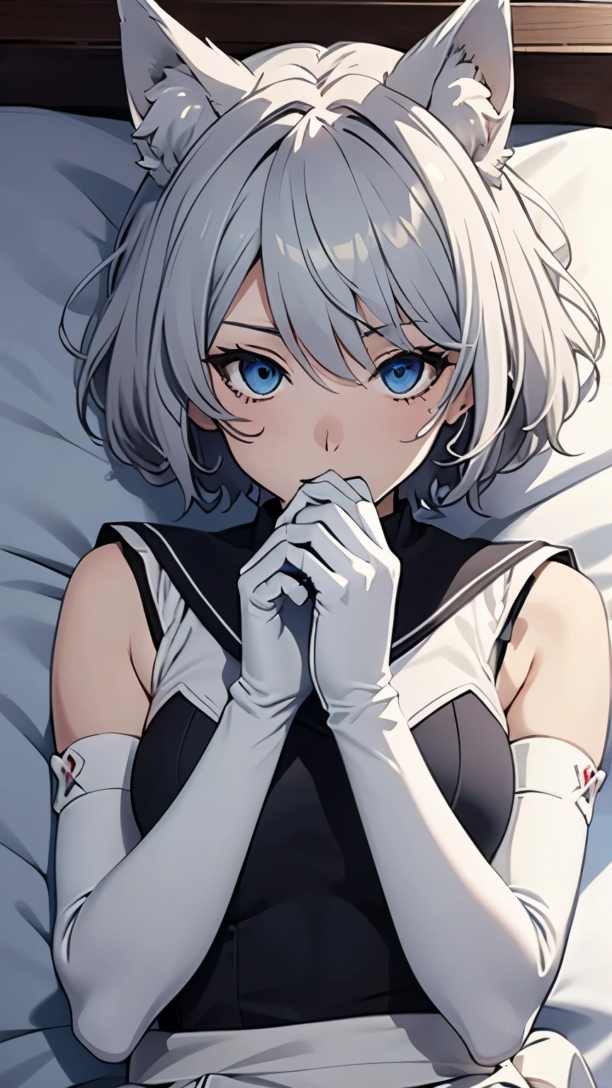 Tabletop High resolution Best image quality 8k Adult female Anime Style White long gloves(Elbow Gloves) Sailor suit(Sleeveless) White Stockings White wolf ears short hair((Shortcuts)(Gray Hair)(Perm)(fluffy)) blue eyes face((Embarrassing)) At the bed Lying down View from above 手をfaceに当てる
