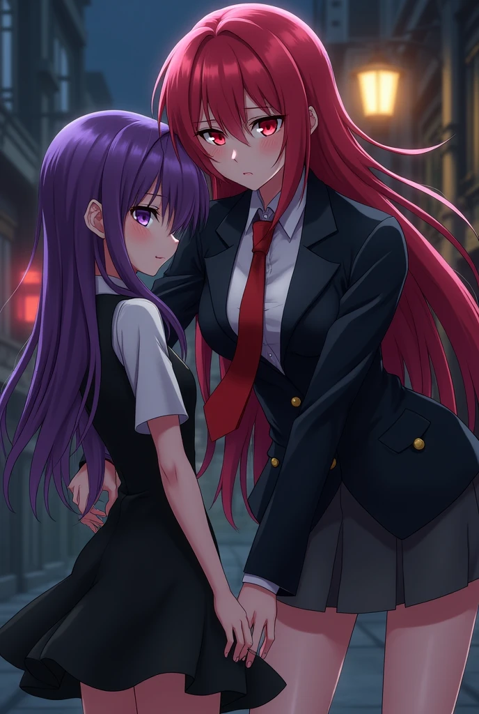 Anime character woman with long red hair and red eyes dressed as a detective helping a purple-haired girl in a black dress.
