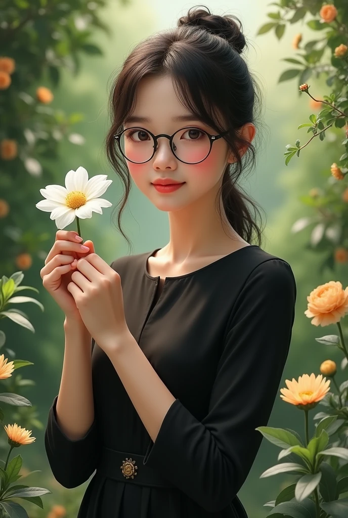 White girl with reading glasses wearing cute black dress holding a white flower in a garden