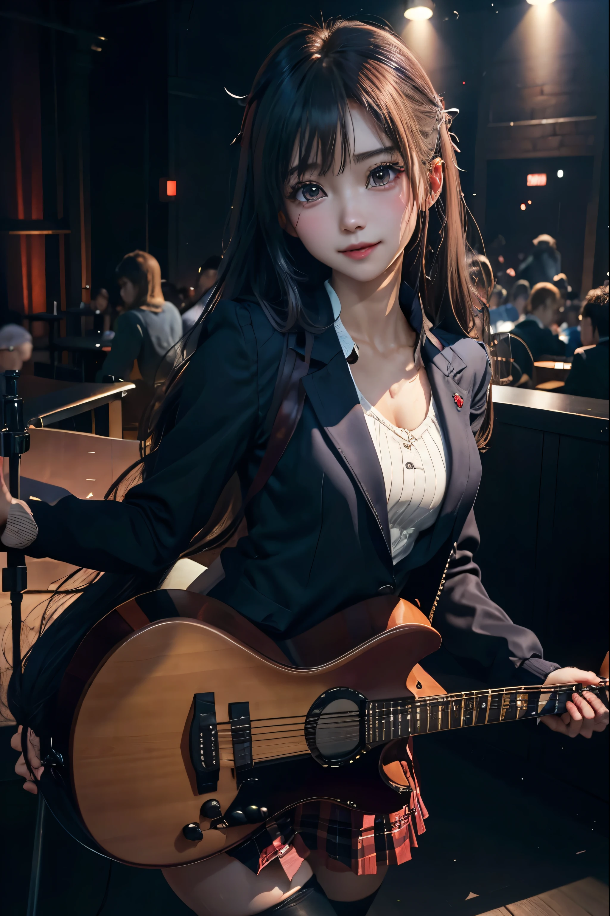 High school girl blazer、uniform、Red checked knee-length skirt、Long skirt、JK Style、Jacket、smile、Knee-high socks、Thigh-high socks、pantyhose、Extremely beautiful、Super cute、ennui、Rare Beauty、Dark black eyeshadow、sad、Skin radiance、Long Hair Straight Hair、Dark Gothic Makeup、Dark Smile、Fragrant beauty、Stained glass background、masterpiece、Highest quality、See 5 books、Sweat glistening on my chest、Sweat glistening on the face、Small breasts、2、Slightly slim、Mysterious look、Sad look、Mysterious Gothic Church、enchanting castle、Excessive sweating all over the body、Sweat dripping down thighs, shining in the light、Shiny thighs、Thighs、Sweat on thighs, shining brightly、sweat profusely、gal、Small breasts、Japanese face、Captivating look、Thin Thighs、play the guitar、I have a guitar、Enthusiastic singing、play the guitar in a band、Playing guitar chords、Background of the live music venue、Sing a song、Open your mouth、Scenery of a live music venue、Mike stand、Glamorous live stage、Dynamic Angles、Vivid straight long hair、delicate straight hair、
