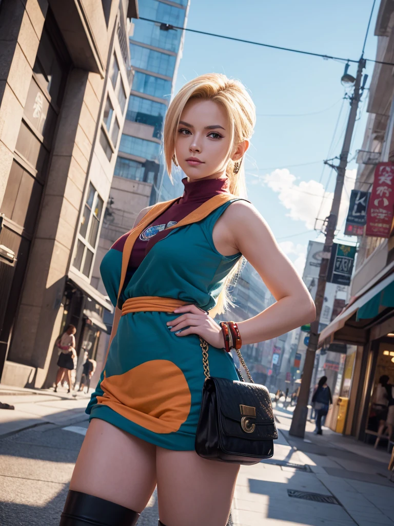 Masterpiece, best quality, ai-generated,official art,dragon ball,1girl,android 18, city,stylish pose,