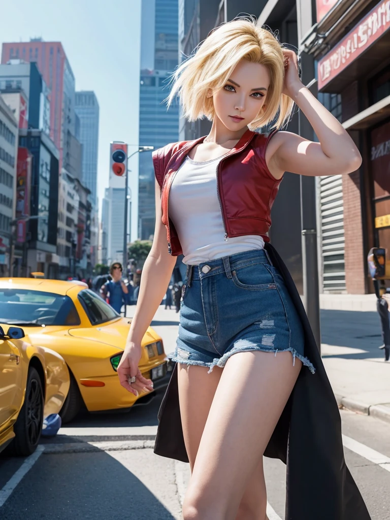 Masterpiece, best quality, ai-generated,official art,dragon ball,1girl,android 18, city,stylish pose,