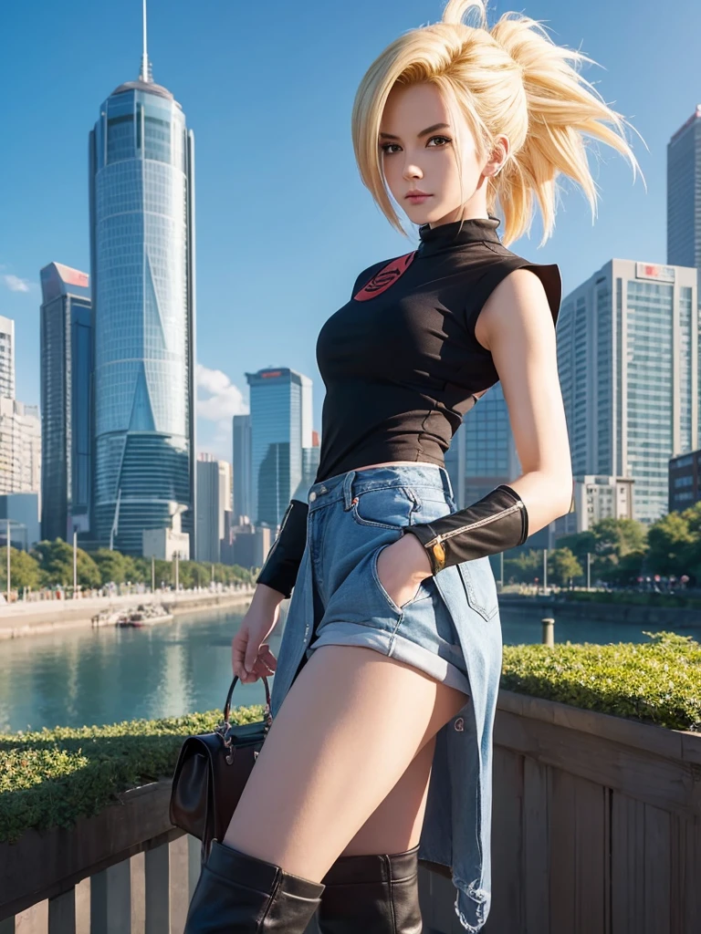 Masterpiece, best quality, ai-generated,official art,dragon ball,1girl,android 18, city,stylish pose,