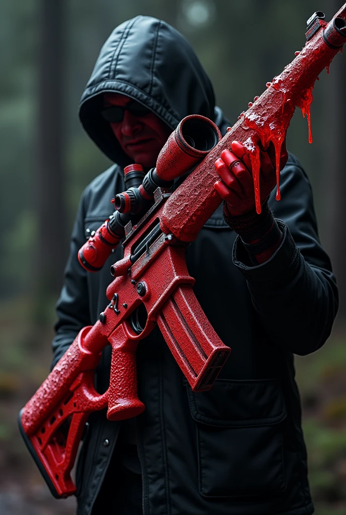 The weapon has an intricate design, with a texture that appears to pulse, as if the sniper was alive. The barrel is long and sharp, composed of layers of solidified blood that glow a deep scarlet hue. The stock and trigger guard are contoured to perfectly mold to Azrakor's body., allowing an almost organic connection between him and the weapon.