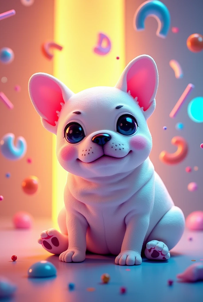 banner for the background of a website of a technology store that sells fonts, projectors, handles with a Marshmallow mascot in the shape of a French bulldog Store name Marsh
