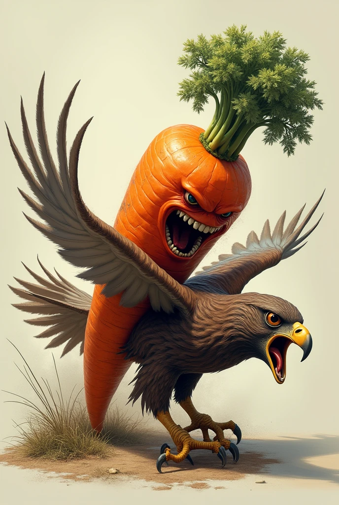 Carrot murdering a hawk, screaming, hyper realism, logo