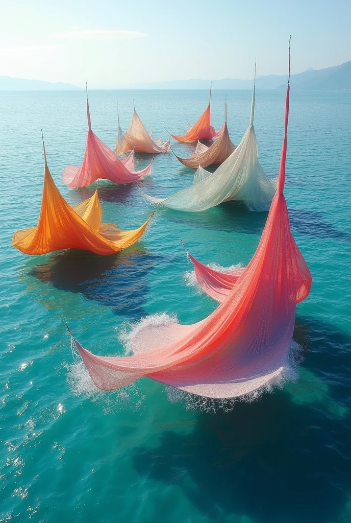 Land art in the sea with fabrics
