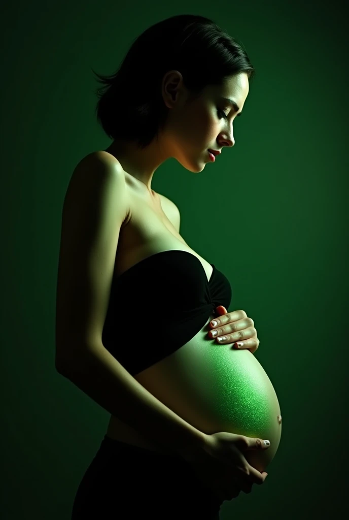 A stunning profile portrait of Neo, holding Trinity from the Matrix, she is pregnant, holding her belly, young and beautiful, hyper realistic, real portrait, backlit, exquisite features, cleavage, sexy, seductive, natural light, soft light, romantic, neo 2 people: neo and trinity, she has short slicked back hair, green matrix code in her belly, must have neo