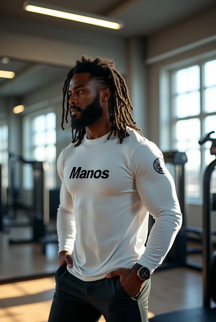 Black man with dreadlocks in a gym wearing a white long sleeve shirt branded as manos




