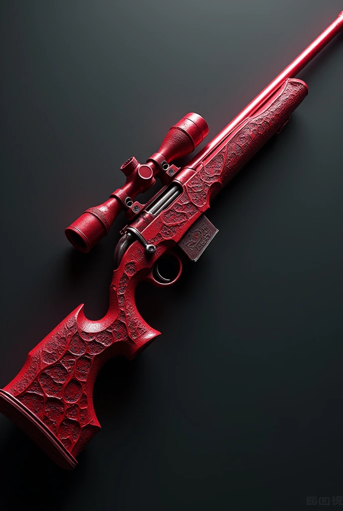 The weapon has an intricate design, with a texture that appears to pulse, as if the sniper was alive. The barrel is long and sharp, composed of layers of solidified blood that glow a deep scarlet hue. The stock and trigger guard are contoured to perfectly mold to Azrakor's body., allowing an almost organic connection between him and the weapon.