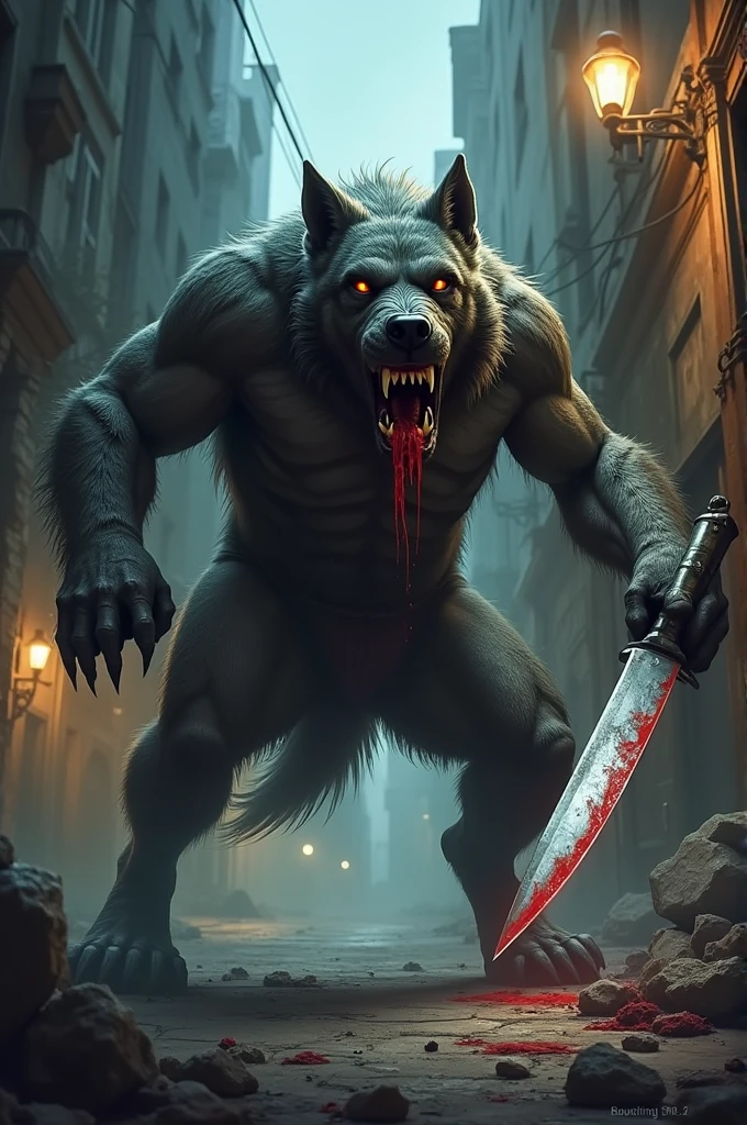 Bloodlust dog with a knife in The hand (in a dark city)