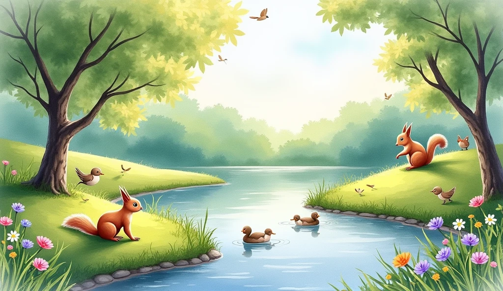 watercolor painting of a park with animals and birds as if it were a painting