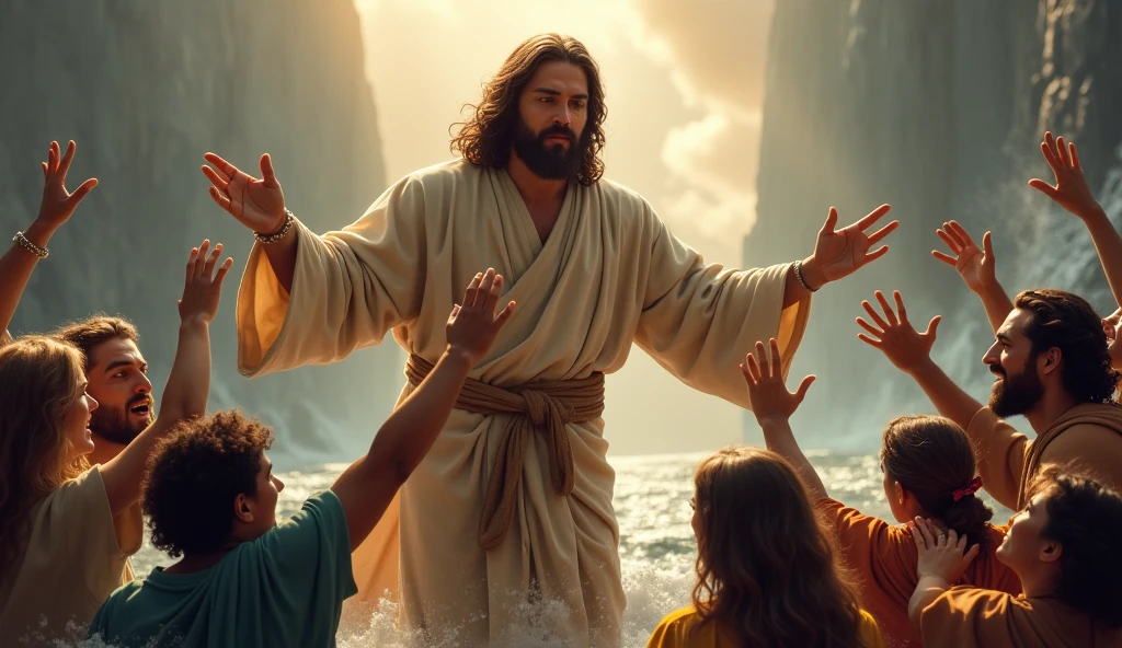 Create a powerful and emotional image of Jesus saving people. Depict Jesus in a moment of dramatic action, reaching out to rescue individuals from a perilous situation, such as a stormy sea or a dangerous chasm. He should have an expression of deep compassion and strength, dressed in traditional robes that convey both grace and authority. The people being saved should show a mix of relief and awe, with their faces reflecting gratitude and hope. Use dynamic lighting to highlight the contrast between the chaos and the calming presence of Jesus. The overall scene should evoke a sense of divine intervention and salvation