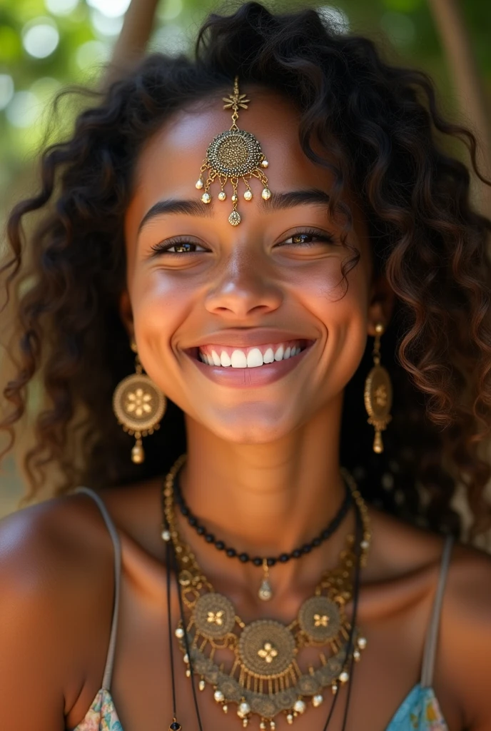 a girl smiling, in the style of reefwave, metalwork jewelry, goa-insprired motifs, eco-friendly craftsmanship, smooth and shiny, exotic, softly organic --ar 69:128 --s 750 --v 5. 2