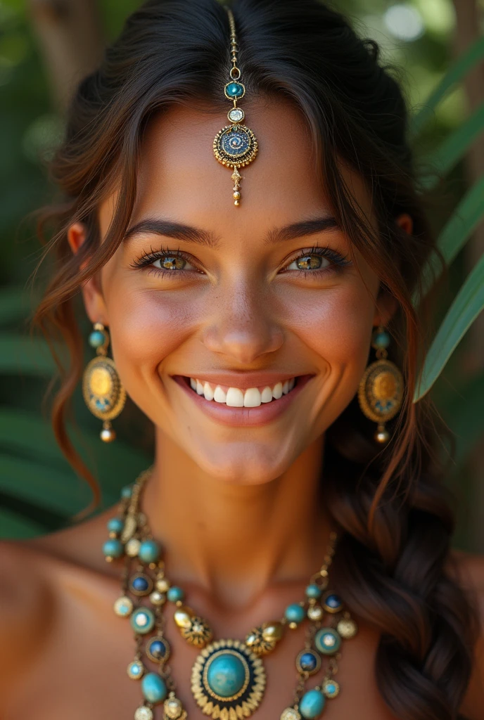 a girl smiling, in the style of reefwave, metalwork jewelry, goa-insprired motifs, eco-friendly craftsmanship, smooth and shiny, exotic, softly organic --ar 69:128 --s 750 --v 5. 2