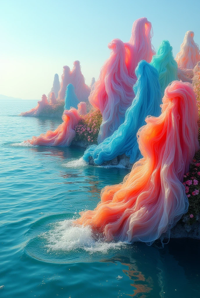 Land art in the sea with fabrics