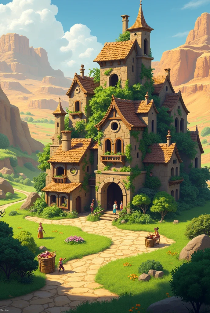 Small fantasy village in the middle of a small desert, grasslands and bushes with houses made of stone