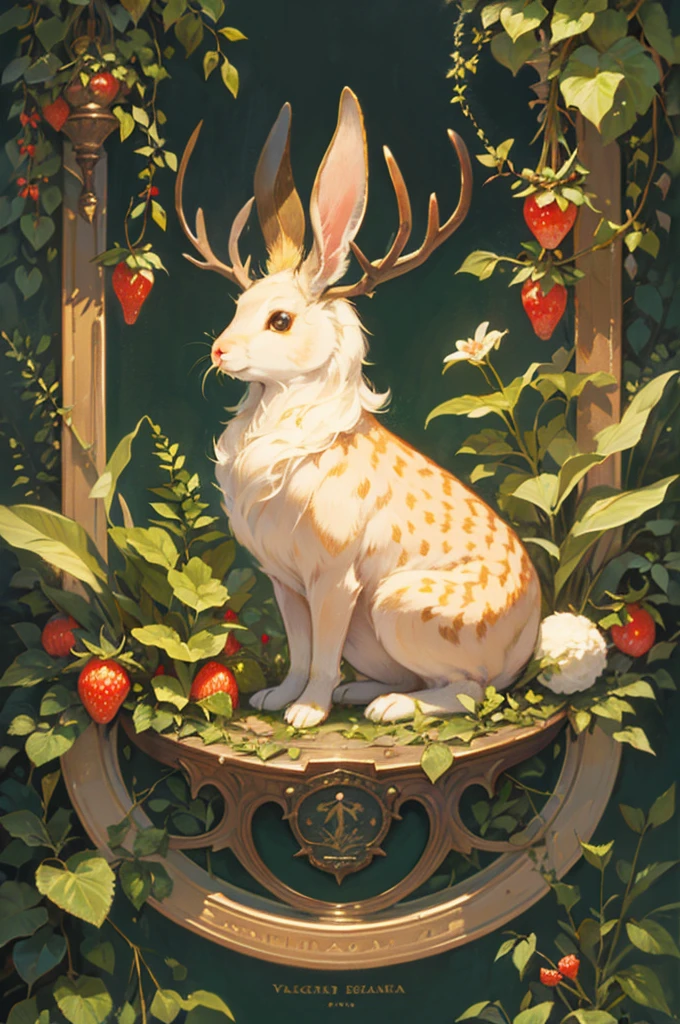 Vintage Victorian style Precise botanical encyclopedia (best quality:1.2), (detailed:1.2), (masterpiece:1.2), vintage botanical illustrations of a rabbit bunny with deer horns, jackalope, herbs and plants, strawberry garden, duck fusion, hybrid animal