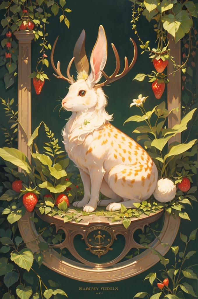 Vintage Victorian style Precise botanical encyclopedia (best quality:1.2), (detailed:1.2), (masterpiece:1.2), vintage botanical illustrations of a rabbit bunny with deer horns, jackalope, herbs and plants, strawberry garden, duck fusion, hybrid animal
