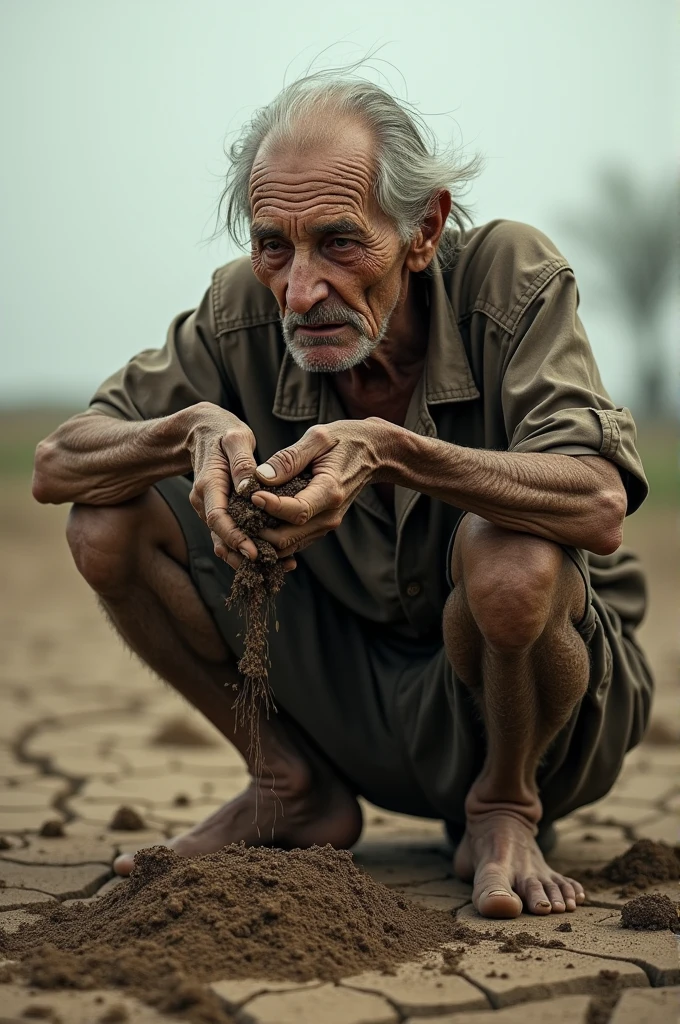 An old person eating dirt because he is hungry 
