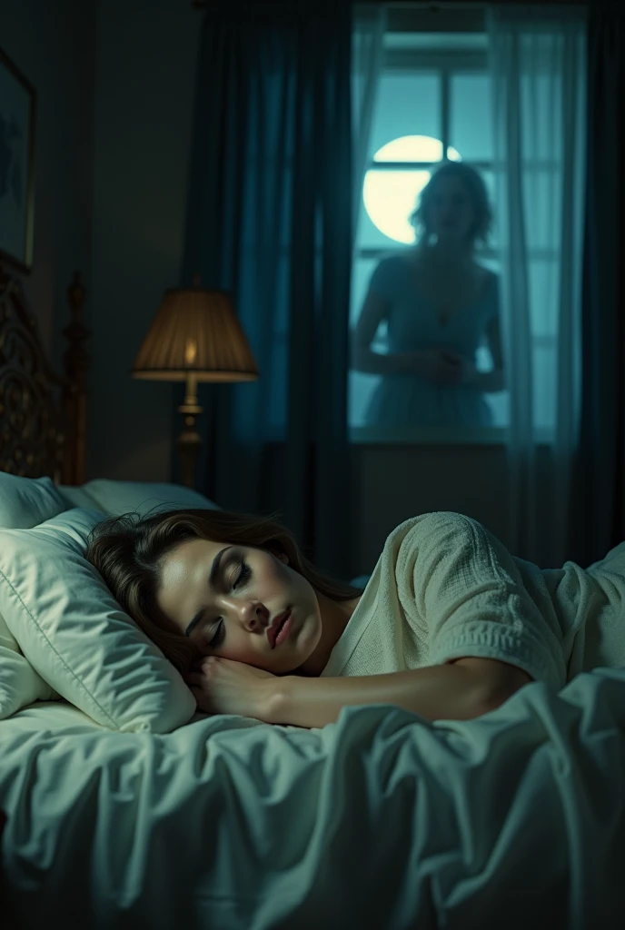 Woman sleeping in a bed with a mirror behind the headboard through which a possessed woman appears in the middle of the night with a full moon