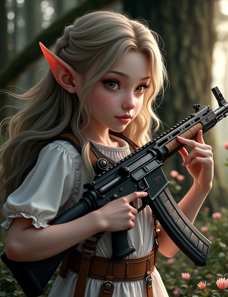 a young elf girl with long flowing hair, beautiful detailed eyes, beautiful detailed lips, extremely detailed face, holding an ak47 assault rifle, standing in a fantasy forest, sunlight streaming through the trees, vibrant colors, cinematic lighting, photorealistic, 8k, best quality, masterpiece