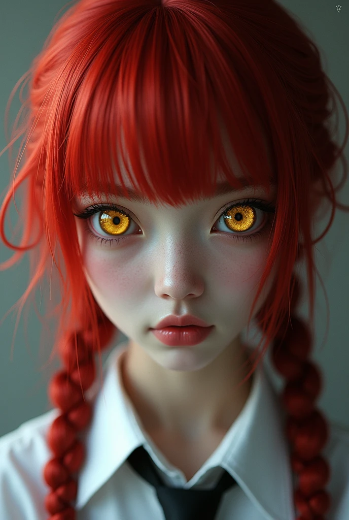 A beautifully detailed, photorealistic 8K masterpiece portrait of Makima from Chainsaw Man, with red braided hair, bangs, and piercing yellow and golden ringed eyes. She wears a white shirt and necktie, with intricate skin texture and pores. The image is shot with cinematic lighting, sharp focus, and a subtle bokeh effect, creating a captivating and visually stunning artwork.