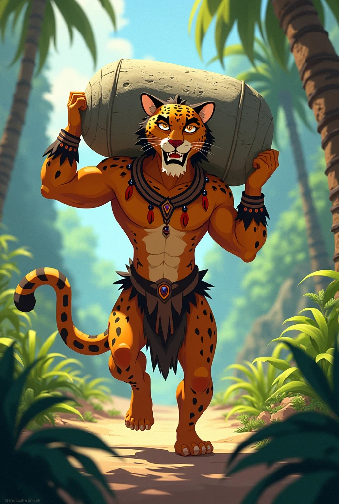 Animated Jaguar Warrior carrying a bundle of cement on his shoulder