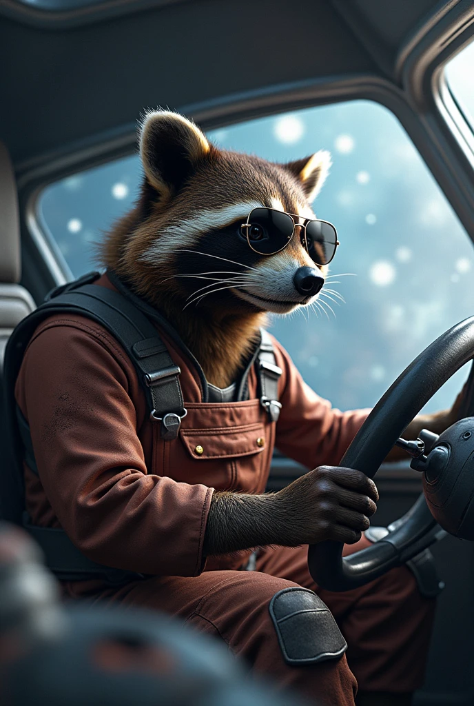 Realistic Rocket Raccoon, dressed in overalls without helmet, with sunglasses, driving and aboard a spaceship, in the cosmos near a galaxy. 
