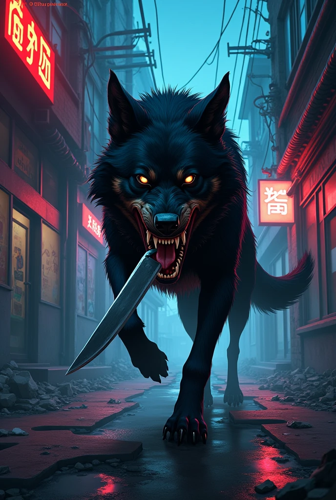 Bloodlust dog with a knife in The hand anime style (in a dark city)