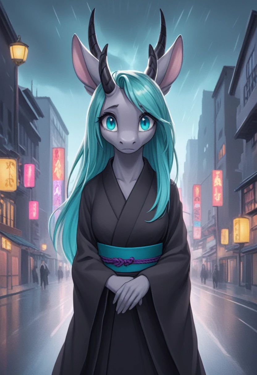 An alluring anthro dragon female, black scales, four aqua eyes, long ears, asphalt-colored hair, long hair, a black curved unicorn horn, feminine, a long flowing wisteria-colored scarf, and a kimono. She is scared and panicked at the sight of herself in the large mirror. In the background, distant Oklahoma City skyline in thunderstorm.